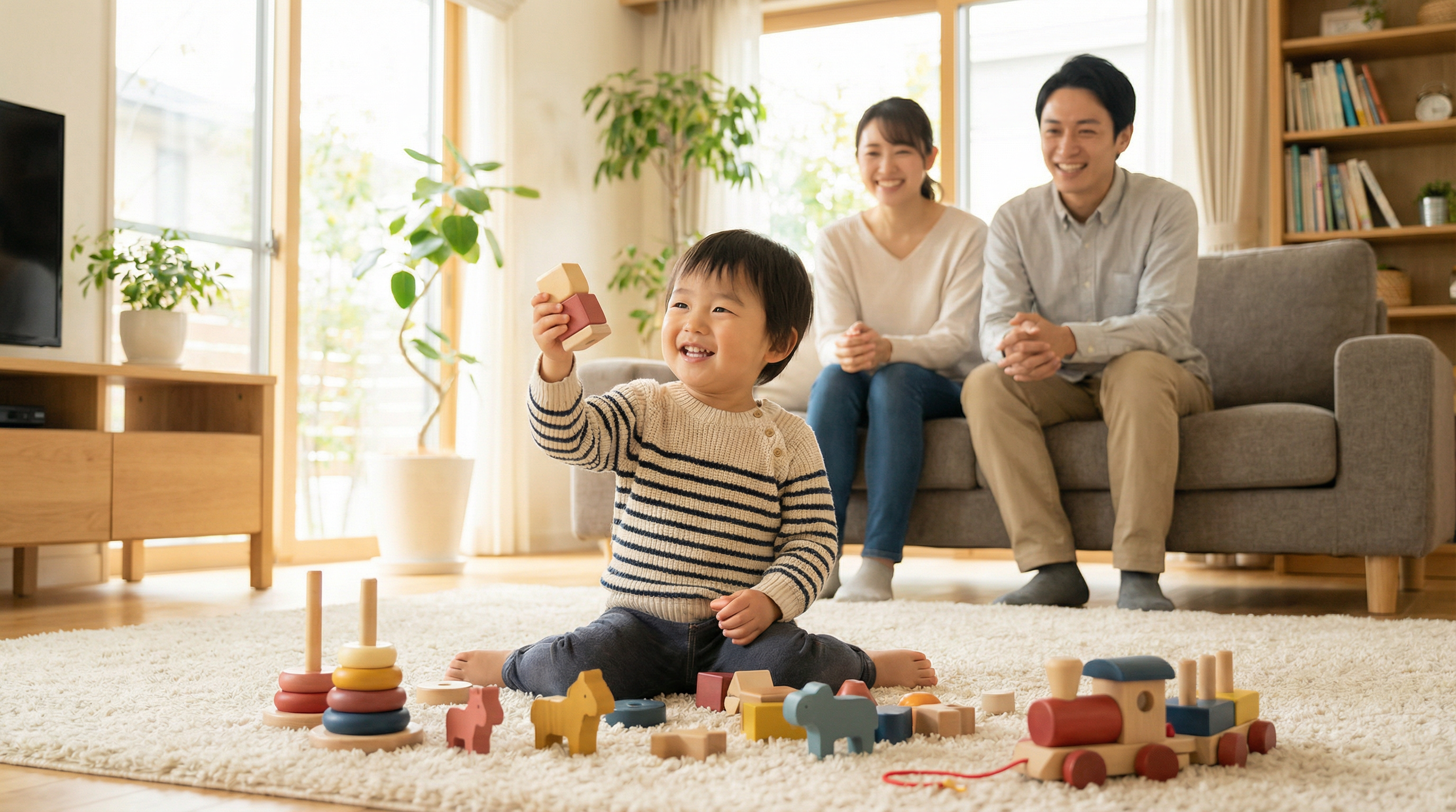 Happy family playing with toys